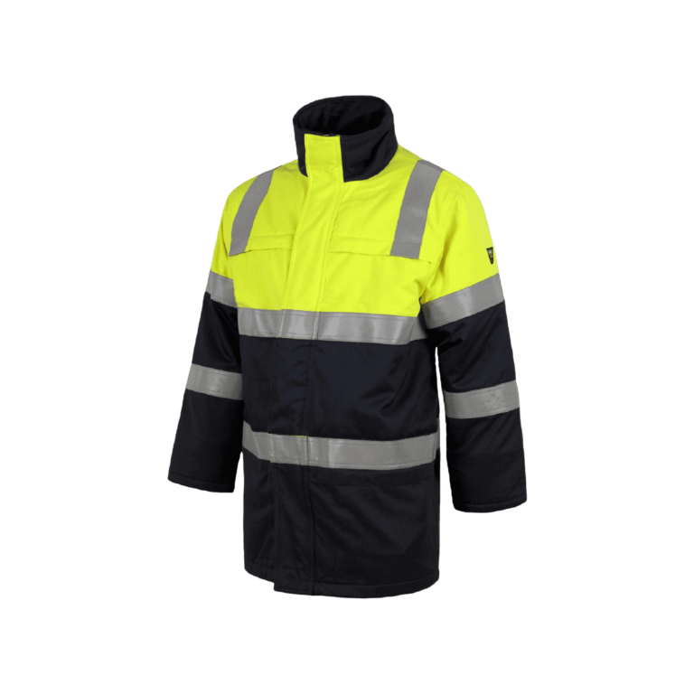 PARKA DE DOS COLORES CON CIERRE DE CREMALLERA, DOS BOLSOS EN EL PECHO Y DOS LATERALES, Y CINTA REFLECTIVA